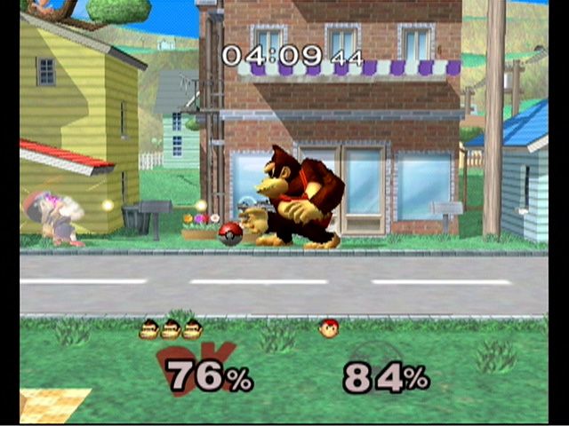 Super Smash Bros.: Melee (GameCube) screenshot: battle downtown