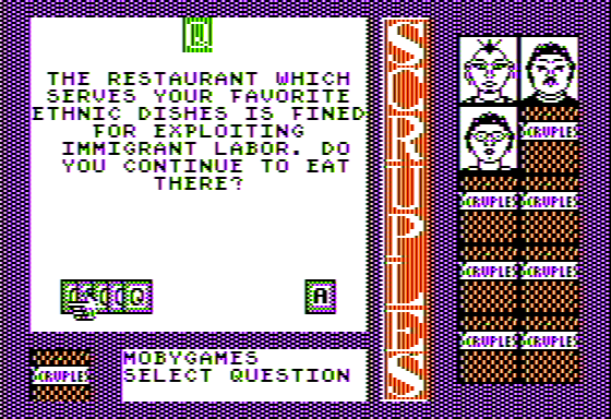 A Question of Scruples: The Computer Edition (Apple II) screenshot: Still Very Valid Today