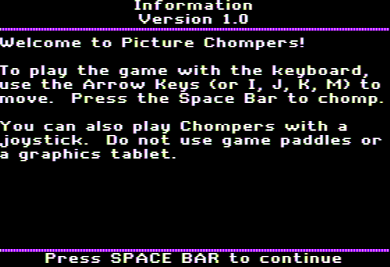 Picture Chompers (Apple II) screenshot: Instructions