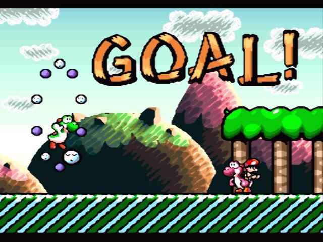 Super Mario World 2: Yoshi's Island (SNES) screenshot: Level is completed, the next Yoshi takes Mario