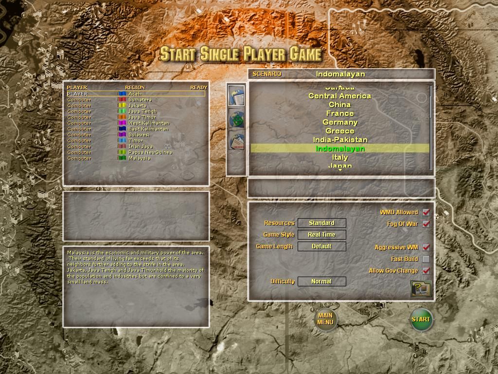 Supreme Ruler 2010 (Windows) screenshot: Single Player - Campaign map selection