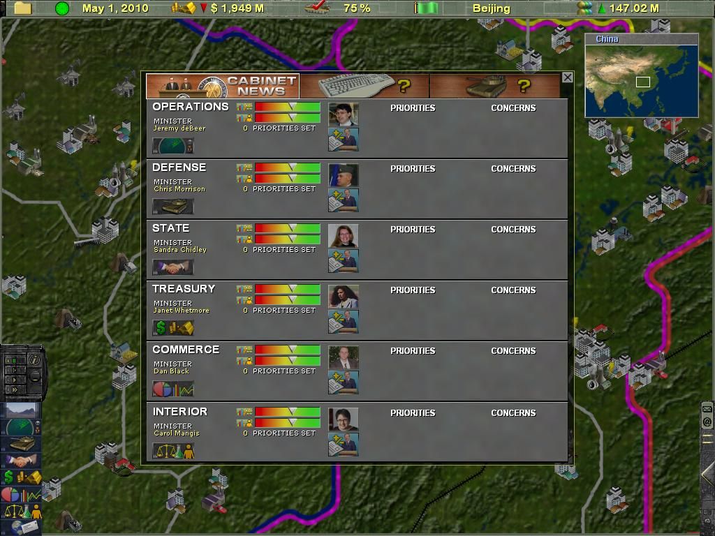 Supreme Ruler 2010 (Windows) screenshot: Your government cabinet. Concerns and priorities of each cabinet minister are posted here.