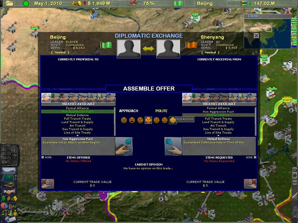 Supreme Ruler 2010 (Windows) screenshot: Diplomacy window: negotiate agreements and exchange goods.