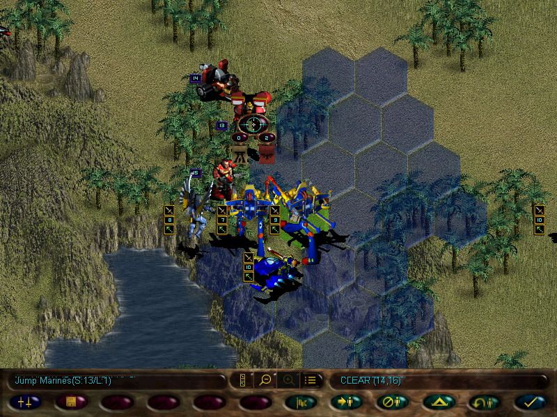 Warhammer 40,000: Rites of War (Windows) screenshot: Battle against the marines. Blue hexes show where your unit can move.