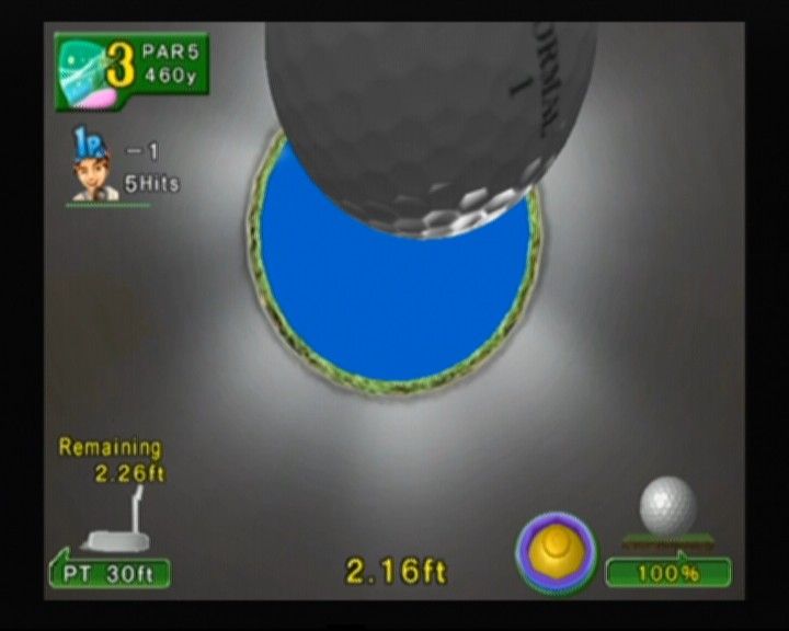Swingerz Golf (GameCube) screenshot: Neat idea to put a small camera in the hole itself