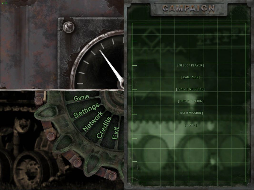 Iron Warriors: T72 Tank Command (Windows) screenshot: Main menu, with a rotating wheel gear for atmosphere.