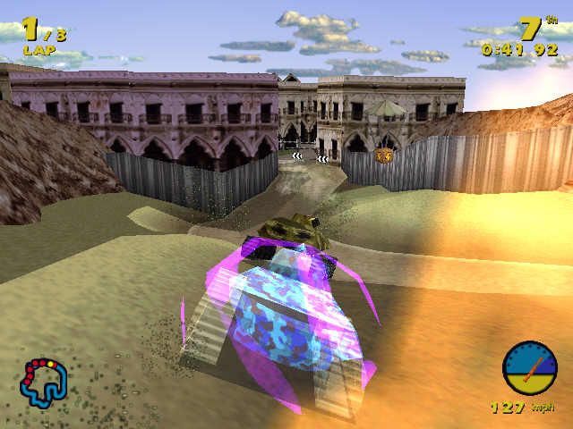 Tank Racer (Windows) screenshot: The shield looks positively lovely, even though there are nice buildings without a decent road to them