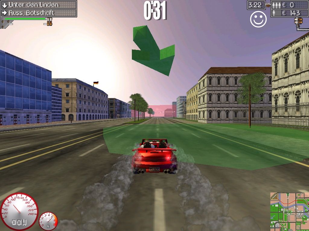 Taxi Challenge: Berlin (Windows) screenshot: Arriving at the target area (marked green)