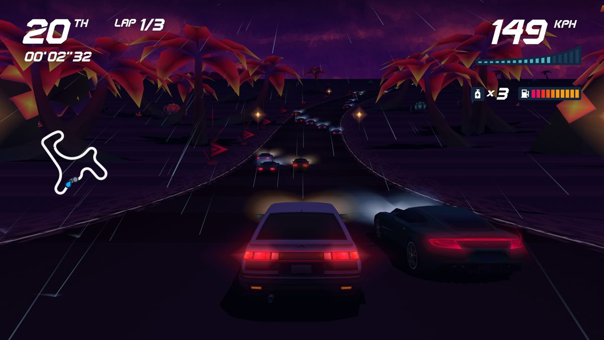 Horizon Chase Turbo (PlayStation 4) screenshot: Dark, rainy, difficult to spot a quick turn
