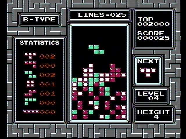 Tetris (NES) screenshot: Starting a game with some tiles on the screen