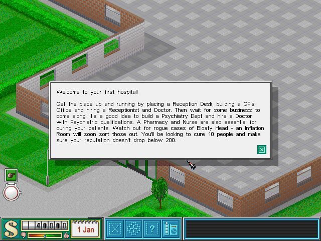 Theme Hospital (Windows) screenshot: The very beginning--your first game (in-game shot, high resolution)
