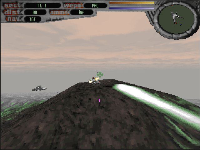 Terminal Velocity (DOS) screenshot: A turret on top of the hill