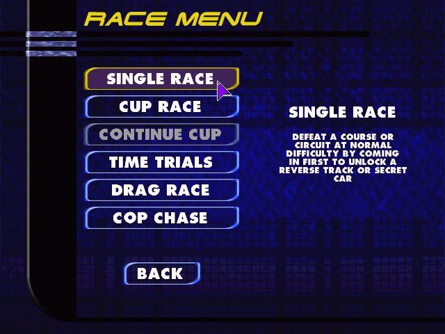 Test Drive 5 (Windows) screenshot: Race menu