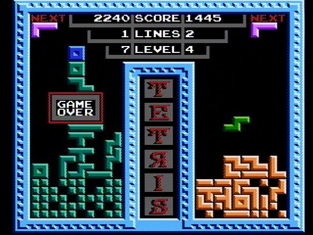 Tetris (NES) screenshot: Game over for player 1 (Tengen release)