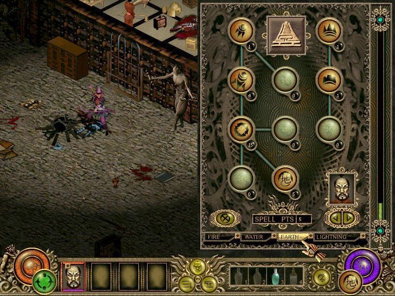 Throne of Darkness (Windows) screenshot: Each of your seven samurai can develop 40 different spells suited to their role in the party.
