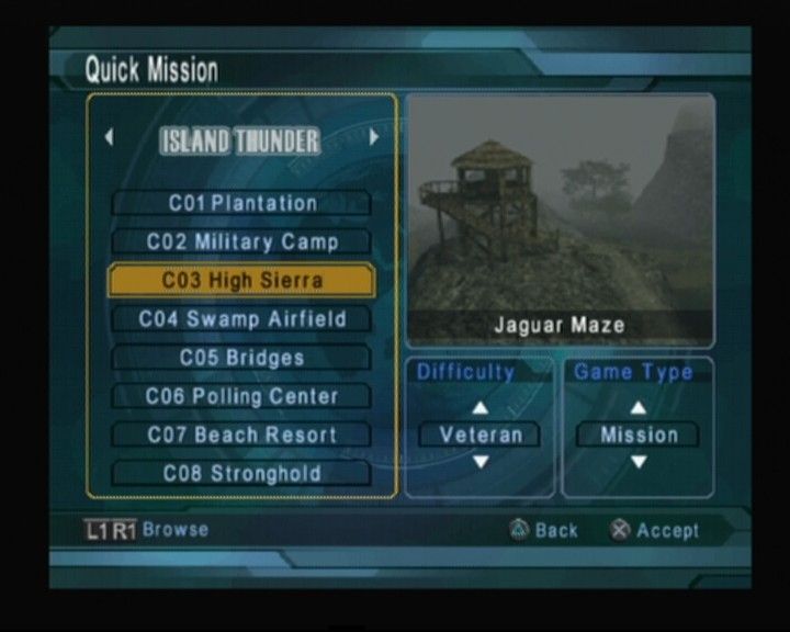 Tom Clancy's Ghost Recon: Jungle Storm (PlayStation 2) screenshot: If you select split-screen or quick mission, you'll only be able to play up to the mission you reached in campaign/scenario mode