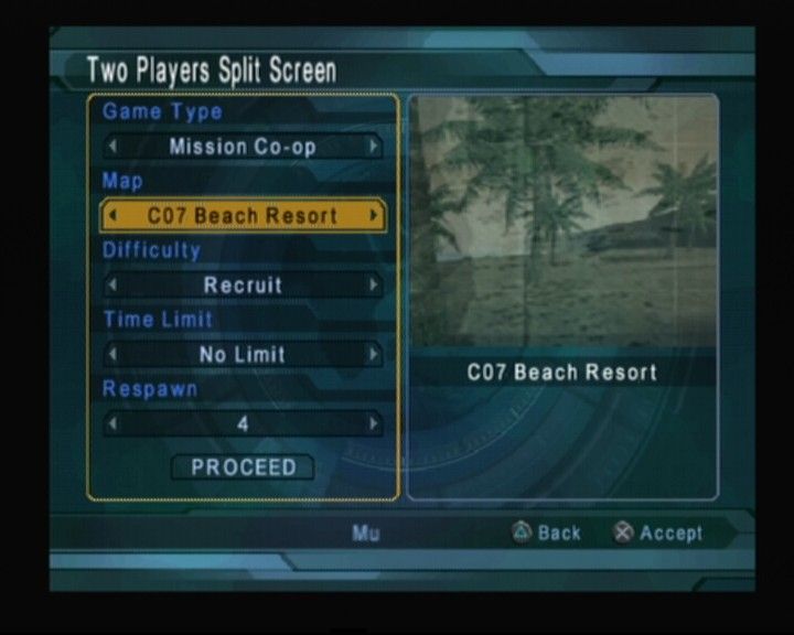 Tom Clancy's Ghost Recon: Jungle Storm (PlayStation 2) screenshot: Two players split screen offers several different co-op modes including campaign missions (each player controls one soldier, not a team)