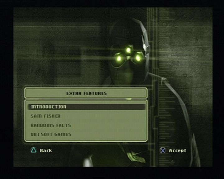 Tom Clancy's Splinter Cell (PlayStation 2) screenshot: Some of extra features that come with PS2 version.