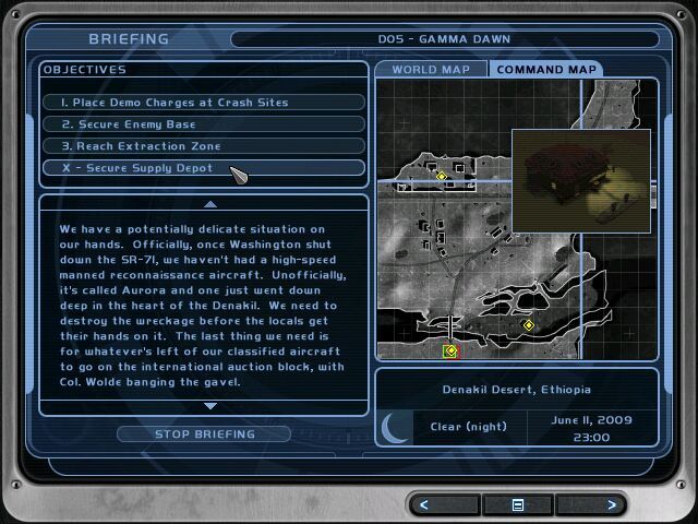Tom Clancy's Ghost Recon: Desert Siege (Windows) screenshot: Standard mission briefing showing mission objectives and key areas.