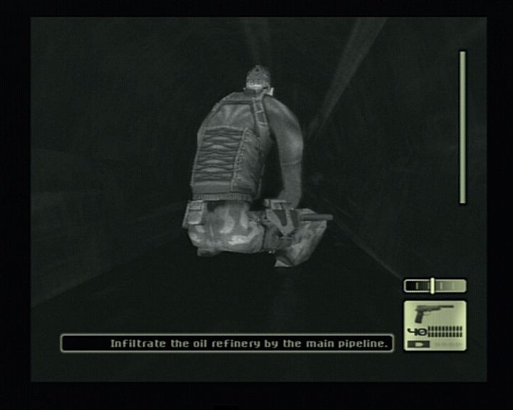 Tom Clancy's Splinter Cell (PlayStation 2) screenshot: When walking through some tight places, camera angel may become a bit hard to play with.