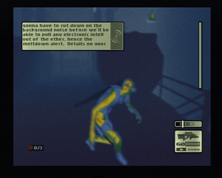 Tom Clancy's Splinter Cell (PlayStation 2) screenshot: Whenever the area is covered in dense smoke or fog, heat-sensor mode is preferrable.