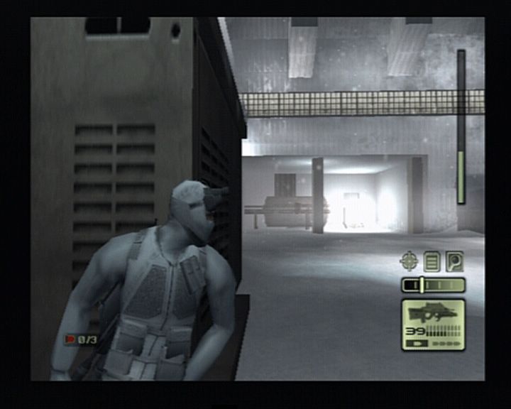 Tom Clancy's Splinter Cell (PlayStation 2) screenshot: Leaning against objects and walls and shooting from angle is too doable.