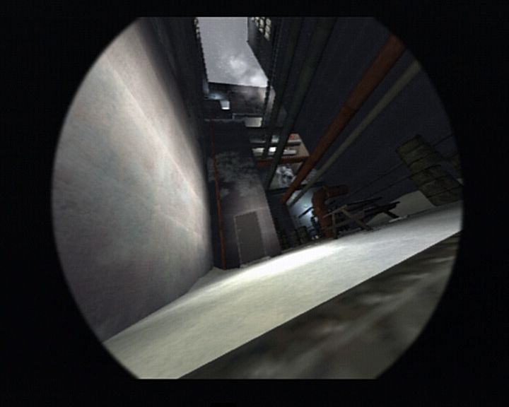Tom Clancy's Splinter Cell (PlayStation 2) screenshot: Using an optical cable to watch through the door gap.