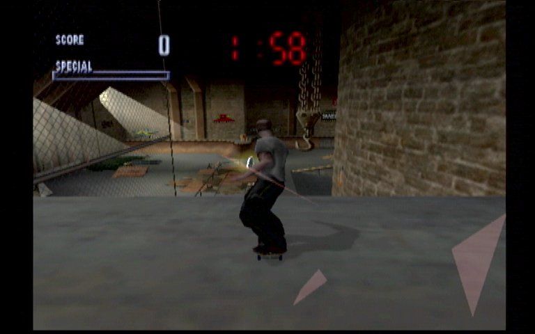 Tony Hawk's Pro Skater (Dreamcast) screenshot: Smashing Through a Window in the Warehouse