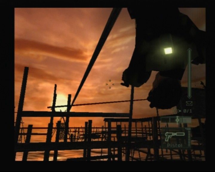 Tom Clancy's Splinter Cell: Pandora Tomorrow (PlayStation 2) screenshot: Now there's a new technique, shooting while hanging downwards