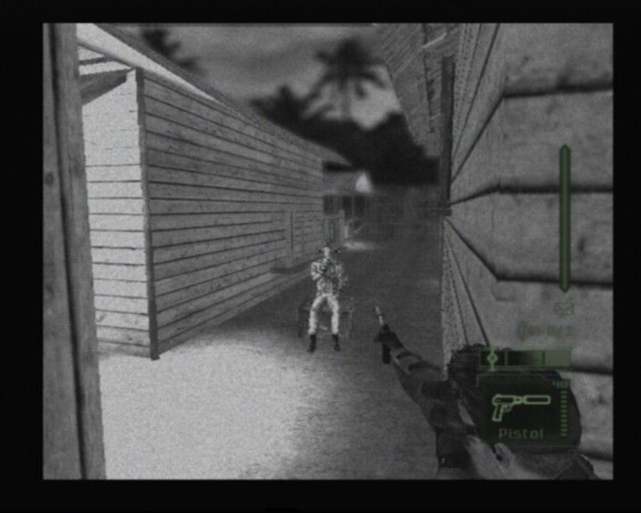 Tom Clancy's Splinter Cell: Pandora Tomorrow (PlayStation 2) screenshot: Aiming from the corner, too bad you don't have green light to kill anyone yet, so shooting lights should be the alternative to killing