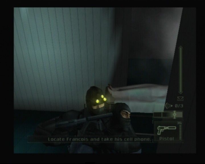 Tom Clancy's Splinter Cell: Pandora Tomorrow (PlayStation 2) screenshot: If you sneak from behind and press X, you'll grab enemy soldier as hostage and can interrogate him, use as a shield, or render unconscious