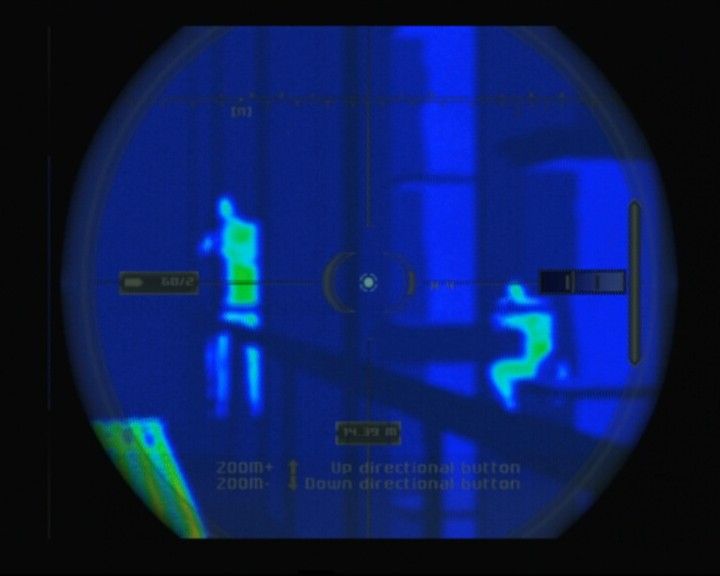 Tom Clancy's Splinter Cell: Pandora Tomorrow (PlayStation 2) screenshot: Switching to heat view will enable you to see soldiers you otherwise could and would not