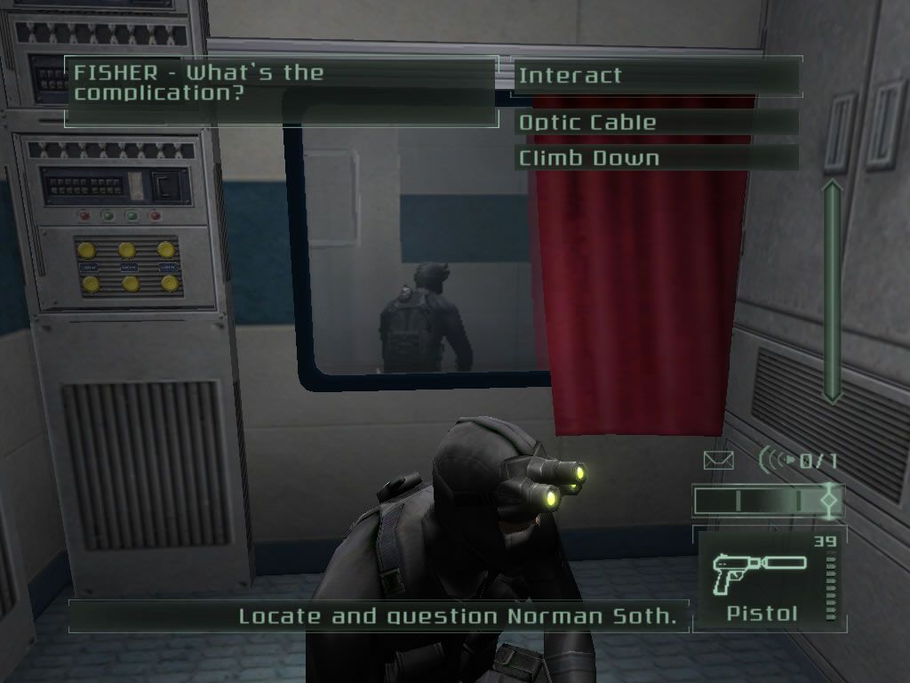 Tom Clancy's Splinter Cell: Pandora Tomorrow (Windows) screenshot: Upon entering a new location, you can use an optic cable to check out what is ahead.