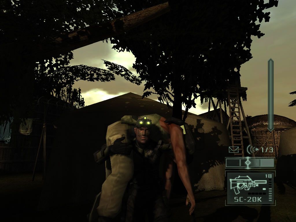 Tom Clancy's Splinter Cell: Pandora Tomorrow (Windows) screenshot: Knocked out enemies need to be dragged to a safe location.