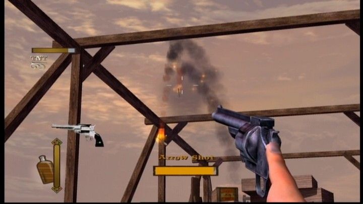 Gun (Xbox 360) screenshot: Shooting flaming arrows in the air to prevent them from hitting barrels filled with gunpowder.