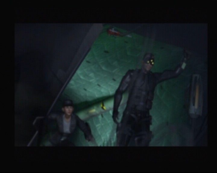Tom Clancy's Splinter Cell: Pandora Tomorrow (PlayStation 2) screenshot: Sam is about to jump on the speeding train from the osprey