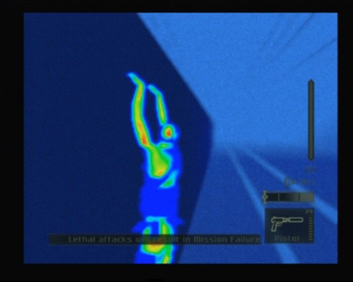 Tom Clancy's Splinter Cell: Pandora Tomorrow (PlayStation 2) screenshot: Using heat mode while slowly moving at the side of the train (watch for windows so the passengers wouldn't spot you)