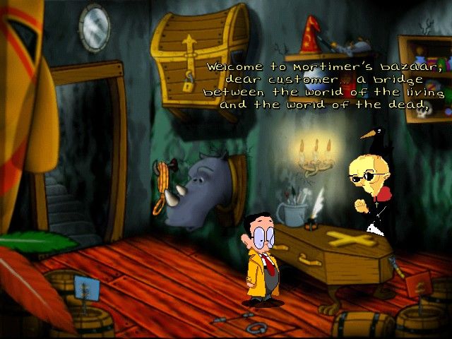 Tony Tough and the Night of Roasted Moths (Windows) screenshot: The game is a standard cartoon style "point and click" adventure.