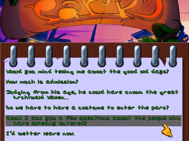 Tony Tough and the Night of Roasted Moths (Windows) screenshot: Dialogue options are displayed on your notebook.