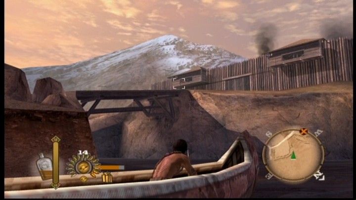 Gun (Xbox 360) screenshot: Taking a detour around the fortified trenches in a canoes.