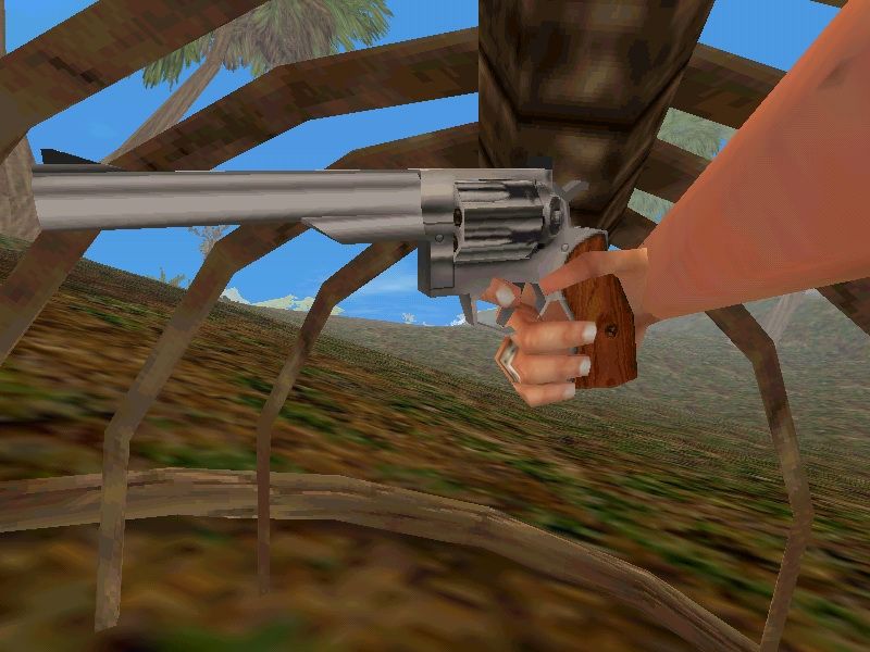 Trespasser: The Lost World - Jurassic Park (Windows) screenshot: The hand is so versatile, you can point the gun to yourself.