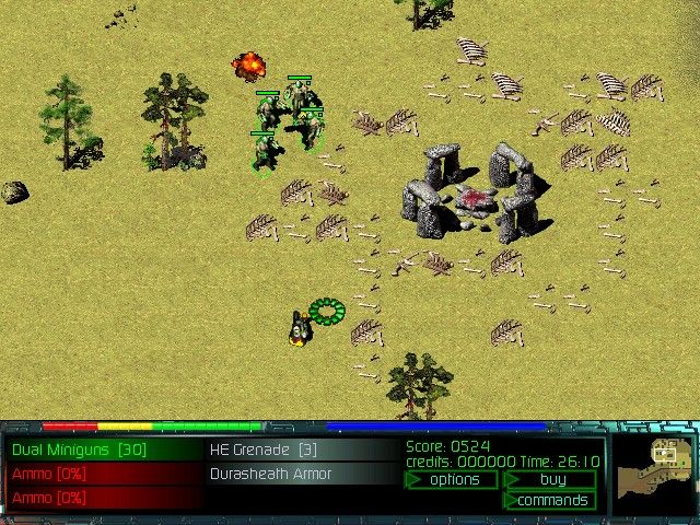 Tribal Rage (Windows) screenshot: Cyborg enforcers attack a Death Cultist in one of the single player missions.