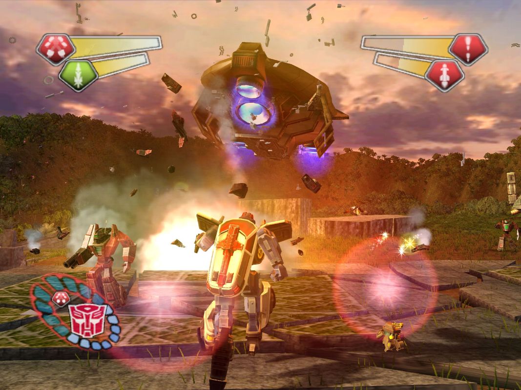 TransFormers (PlayStation 2) screenshot: Red Alert... battling a group of Light Units while a Dropship brings in reinforcements for the Decepticlones.