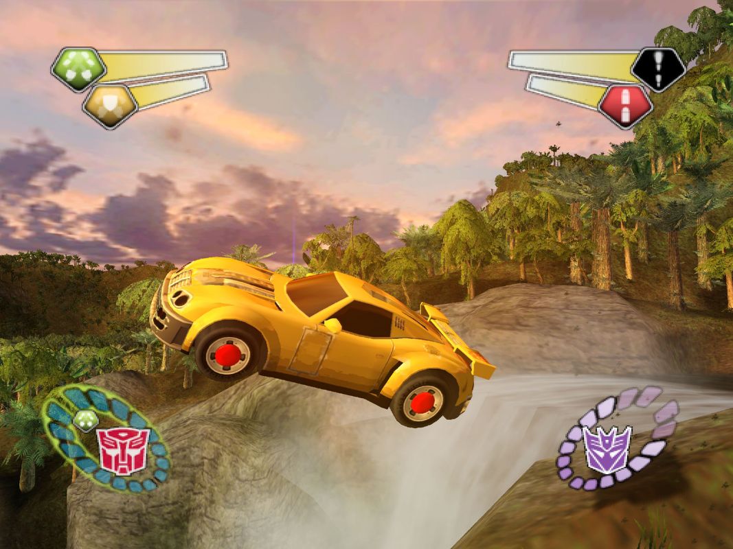 TransFormers (PlayStation 2) screenshot: Hot Shot in vehicle form, jumping over the waterfall.