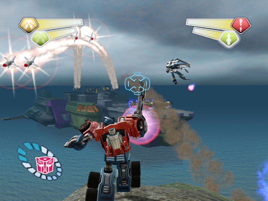 TransFormers (PlayStation 2) screenshot: Optimus viewing the Aircraft Carrier in Mid Atlantic, defended by missiles and Jet Snipers.