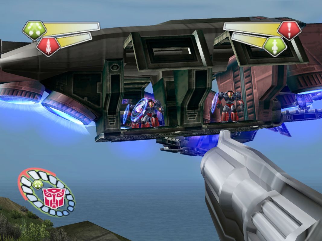 TransFormers (PlayStation 2) screenshot: A decepticlone Dropship prepares to drop a group of Medium Units