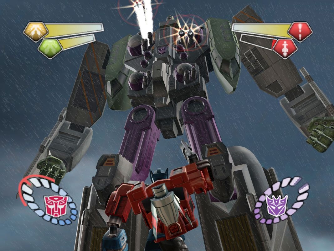 TransFormers (PlayStation 2) screenshot: The gigantic Tidal Wave towers over Optimus and fires mortars from his chest.