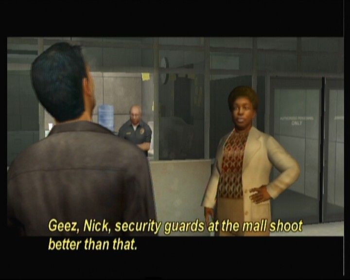 True Crime: Streets of LA (Xbox) screenshot: Nick's boss doesn't look happy about his shooting abilities.