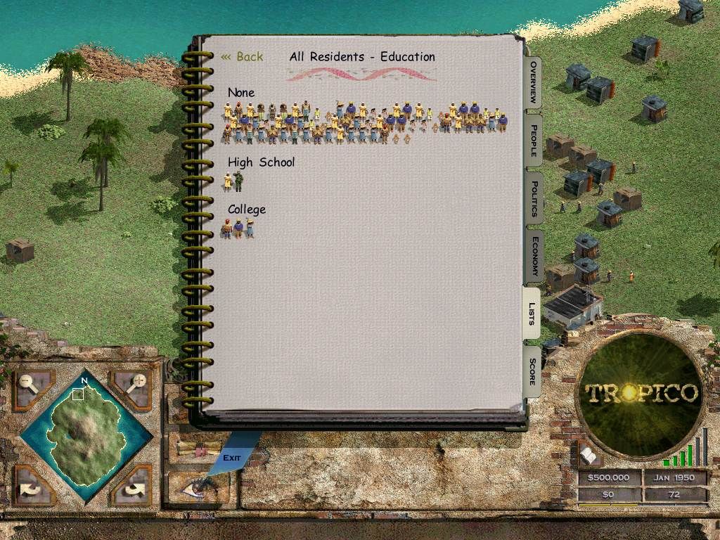 Tropico (Windows) screenshot: The Almanac provides a wealth of information about your populace in a pretty, graphical format.