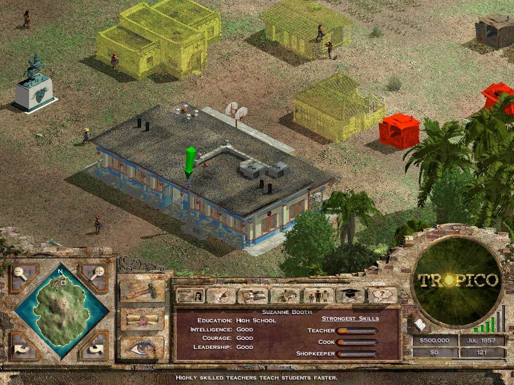 Tropico (Windows) screenshot: Every citizen is rated in many categories, including education level, intelligence, and skill sets. Also note the houses being built (yellow) and being torn down (red).